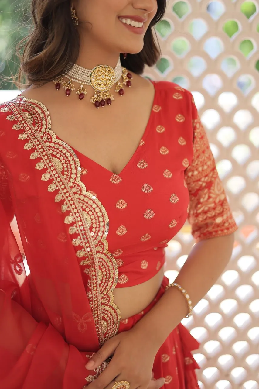 Red Enchanting Dayble Viscose Jacquard Lehenga Set with Double Zari Work