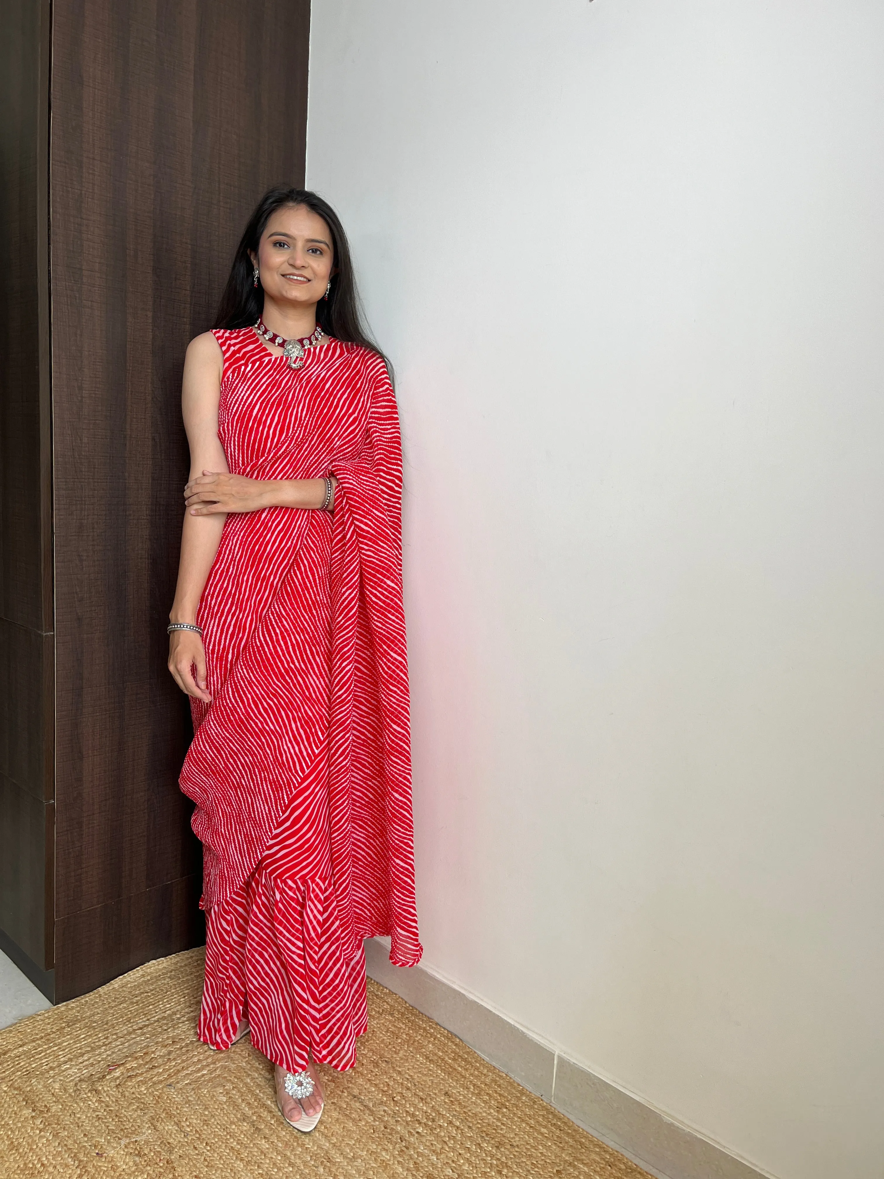 Red Faux Georgette Crushed Saree Gown with Digital Prints