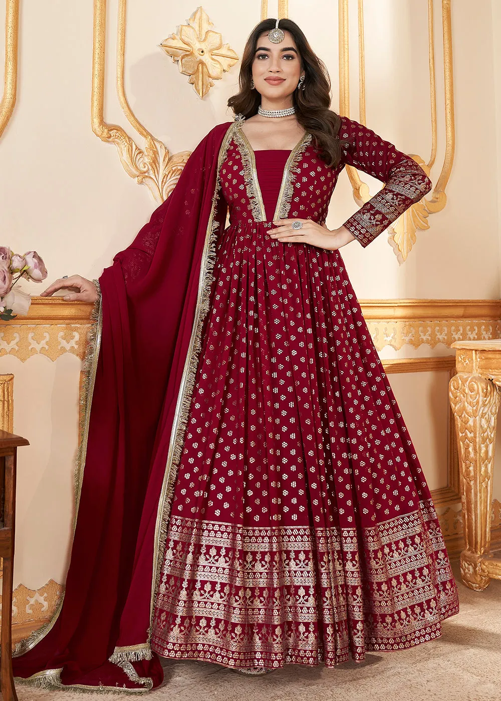 Red Metalic Foil Work Embroidered Wedding Festive Anarkali Gown