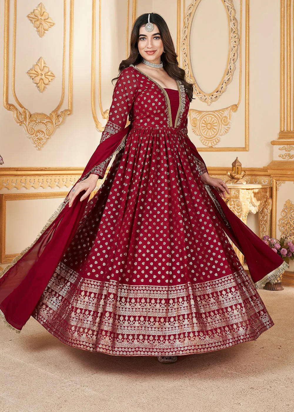 Red Metalic Foil Work Embroidered Wedding Festive Anarkali Gown