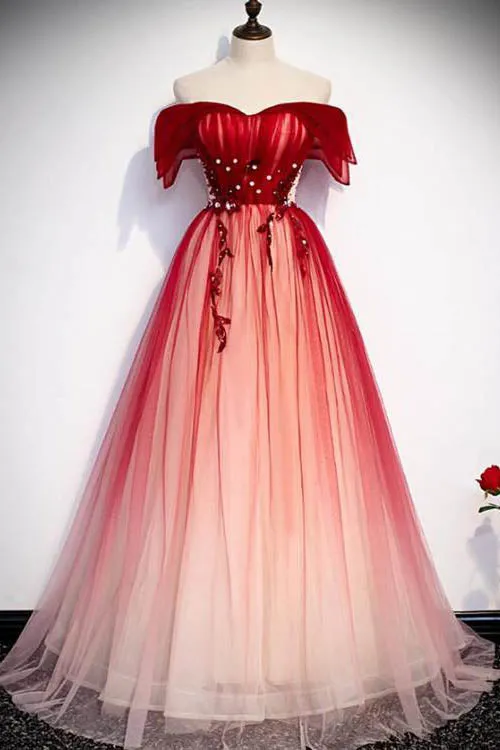 Red Off the Shoulder Long Tulle Prom Dress with Beading Party Gown with Sequins