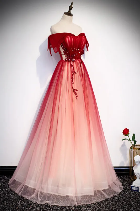 Red Off the Shoulder Long Tulle Prom Dress with Beading Party Gown with Sequins