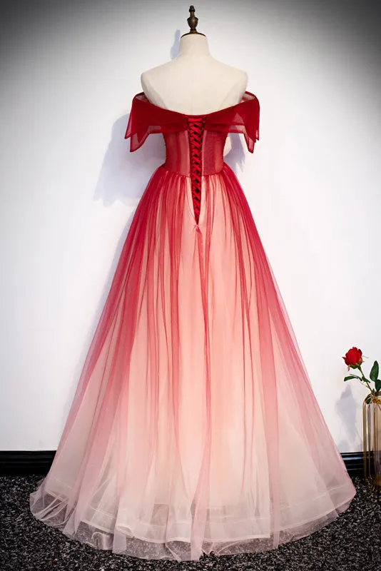 Red Off the Shoulder Long Tulle Prom Dress with Beading Party Gown with Sequins