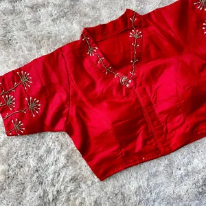 Red Pista Silk Blouse with Handwork and Designer Handcrafted Collar