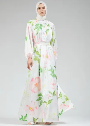 Ruqayya Graceful Satin Floral Long Sleeve White Dress with Belt