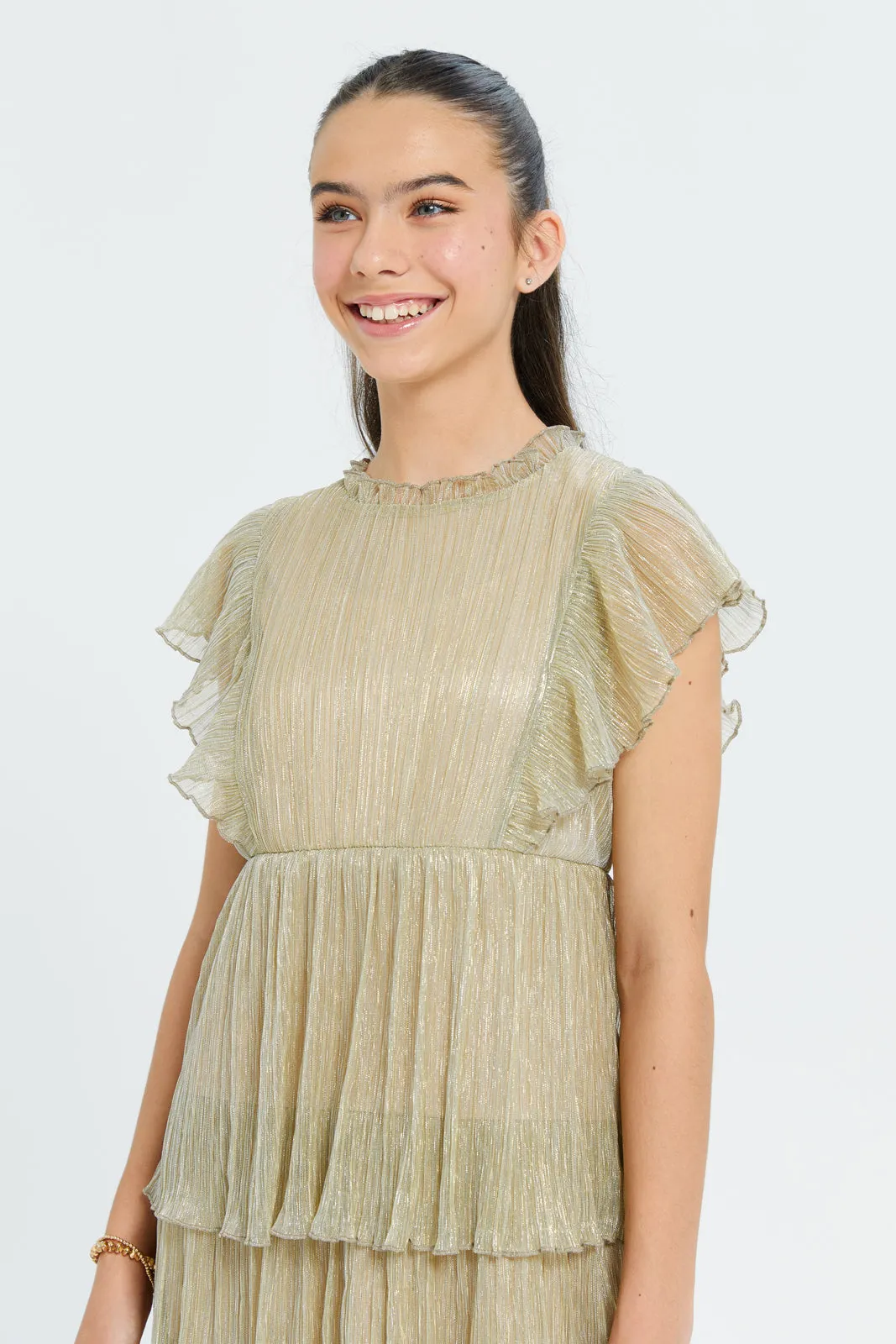 Senior Girls Gold Metallic Layered Dress