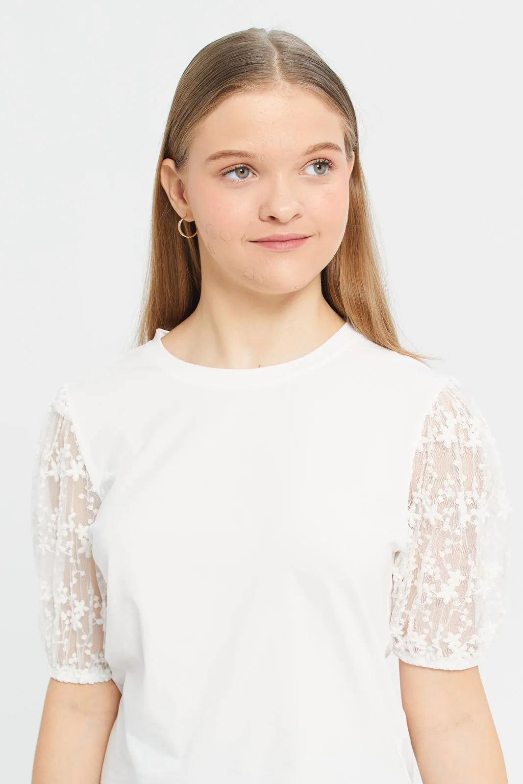 Senior Girls White Embellished Organza Sleeves T-Shirt