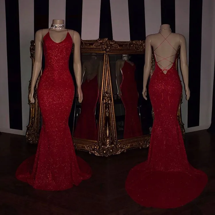 Sexy Spaghetti Straps Red Mermaid Prom Dress Sequins Chiffon Long