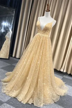 Shiny V Neck Backless Long Golden Prom Dress Sparkly Golden Formal Dress Golden Evening Dress