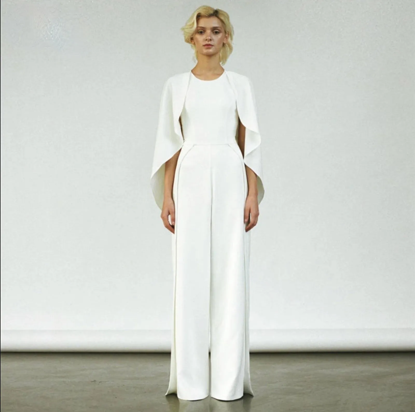 Simple Bridal Wedding Jumpsuit with Cape Reception Pantsuit