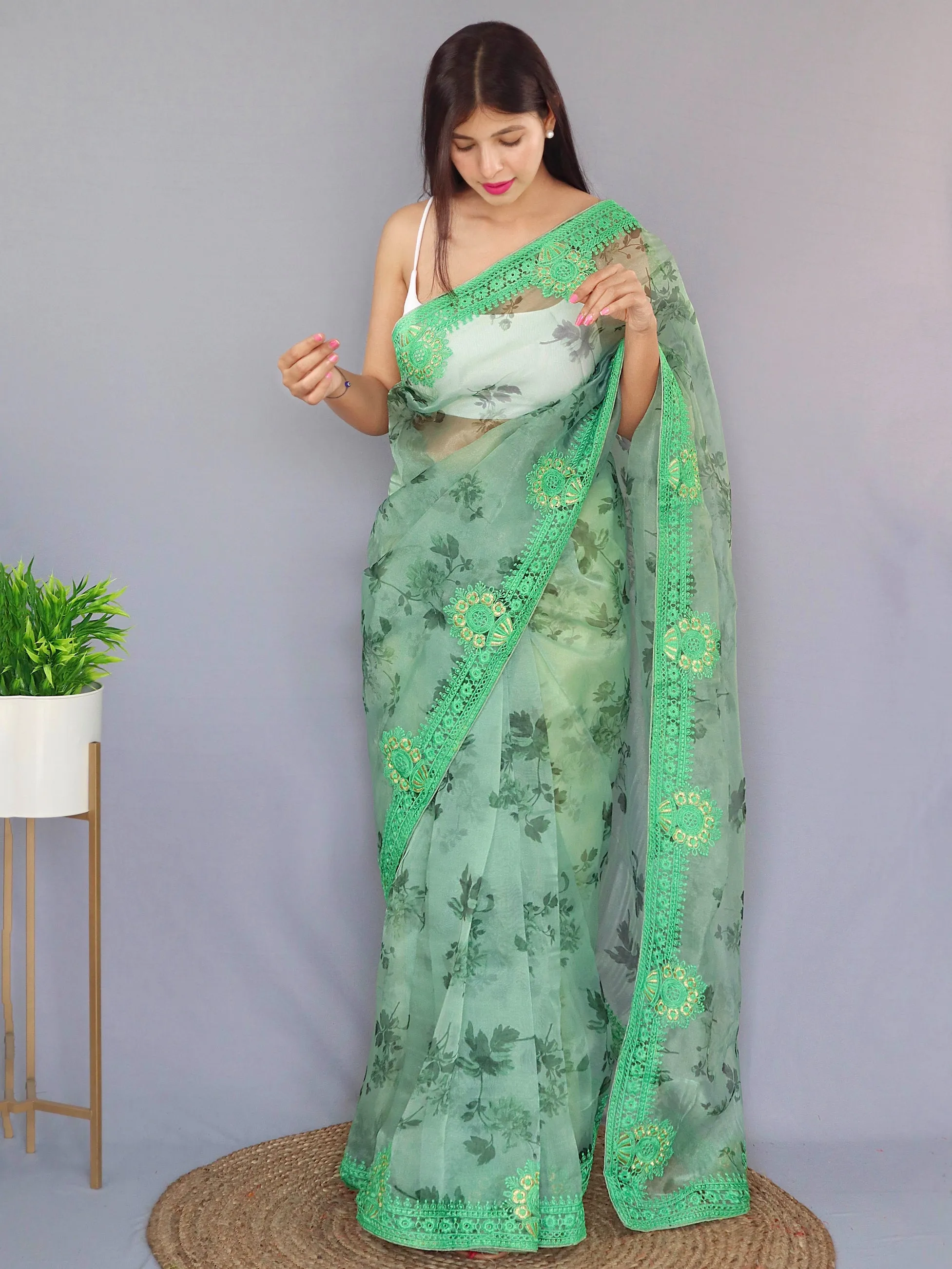 Slate Green Saree in Organza Digital Floral Printed with Embroidered Work