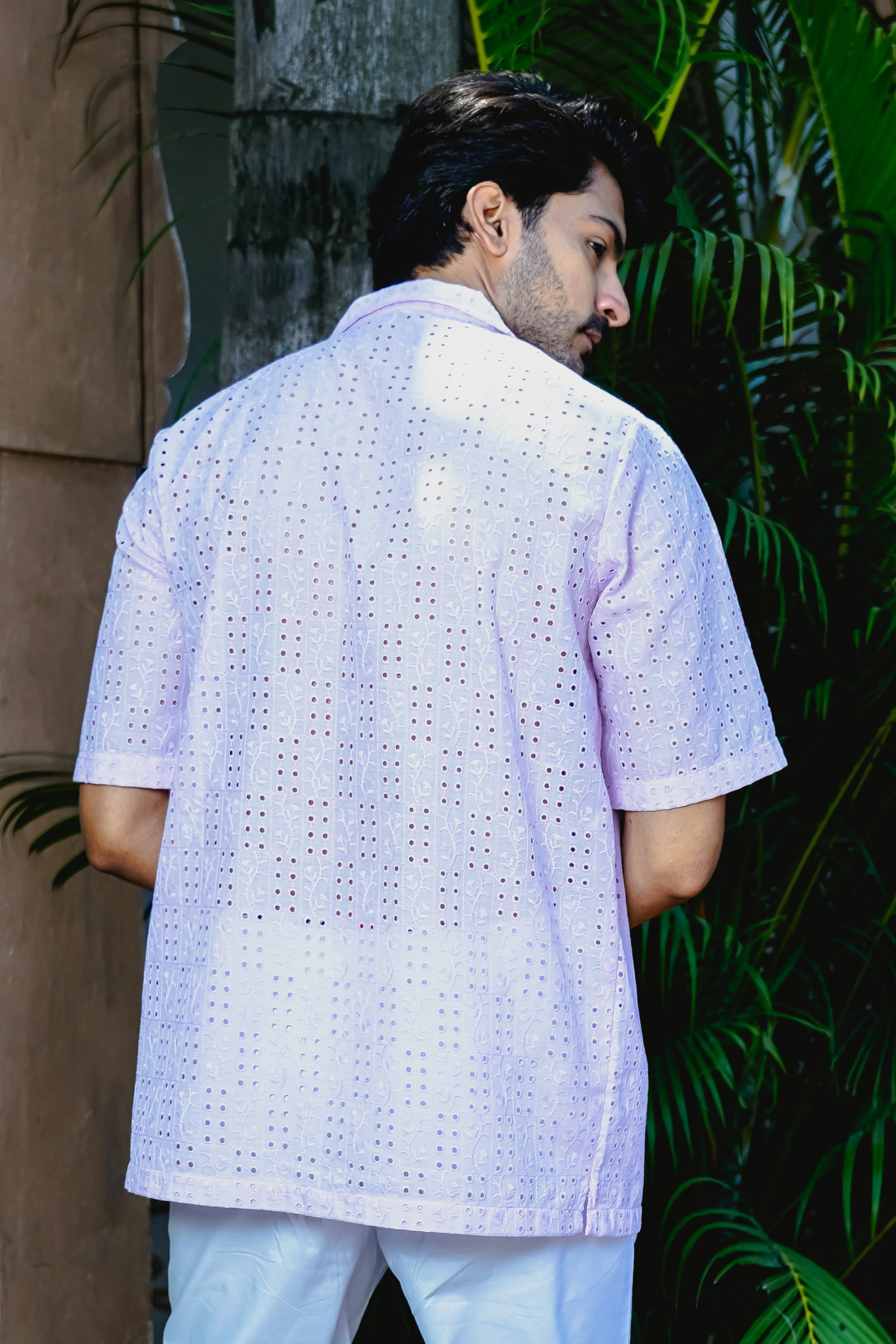 SNOW LILAC CUBAN COLLAR SHIRT WITH CUTWORK EMBROIDERY DETAILS