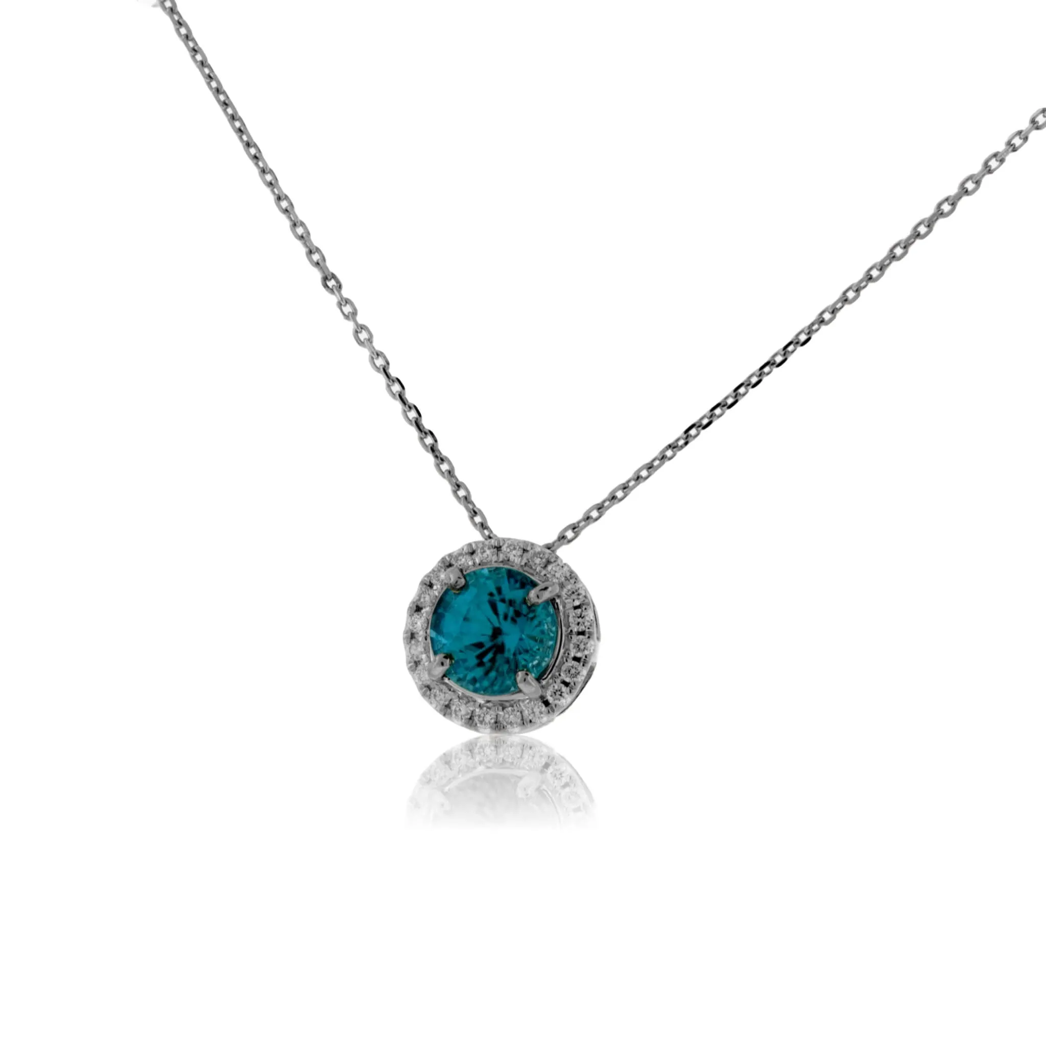 Stunningly Simple Blue Zircon in Diamond Halo Pendant