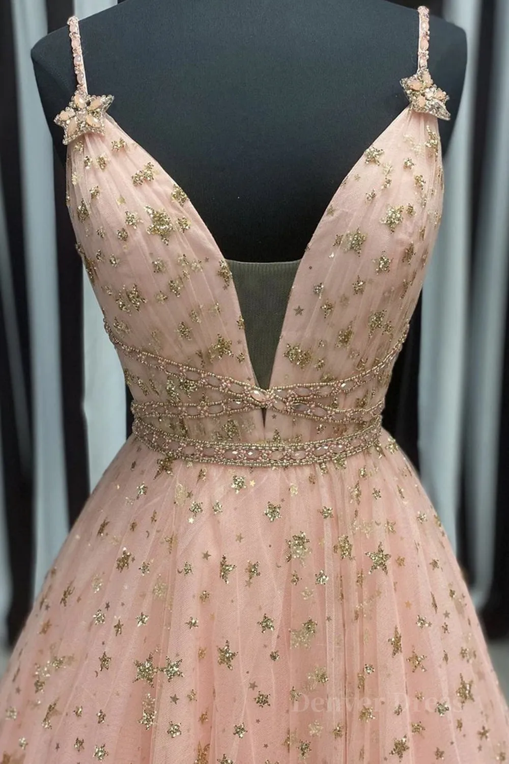 Stylish V Neck Pink Long Prom Dress with Stars Sequins Long Pink Formal Evening Dress