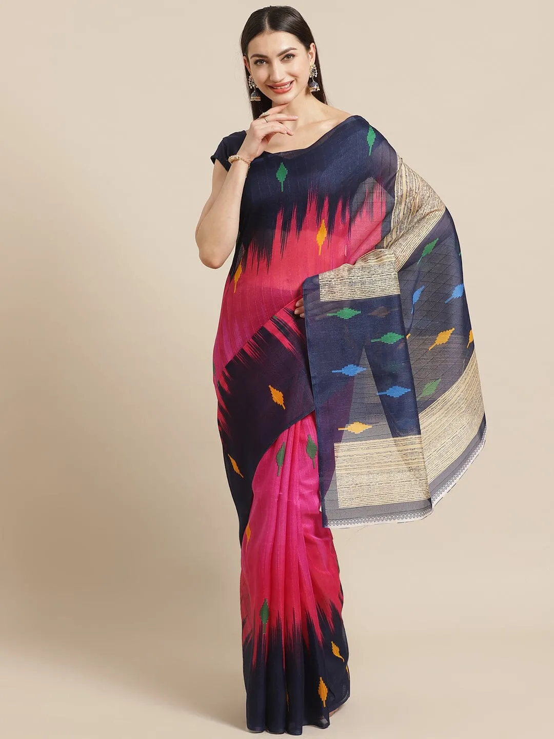 SVB Saree Pink And Blue Bhagalpuri Silk Saree