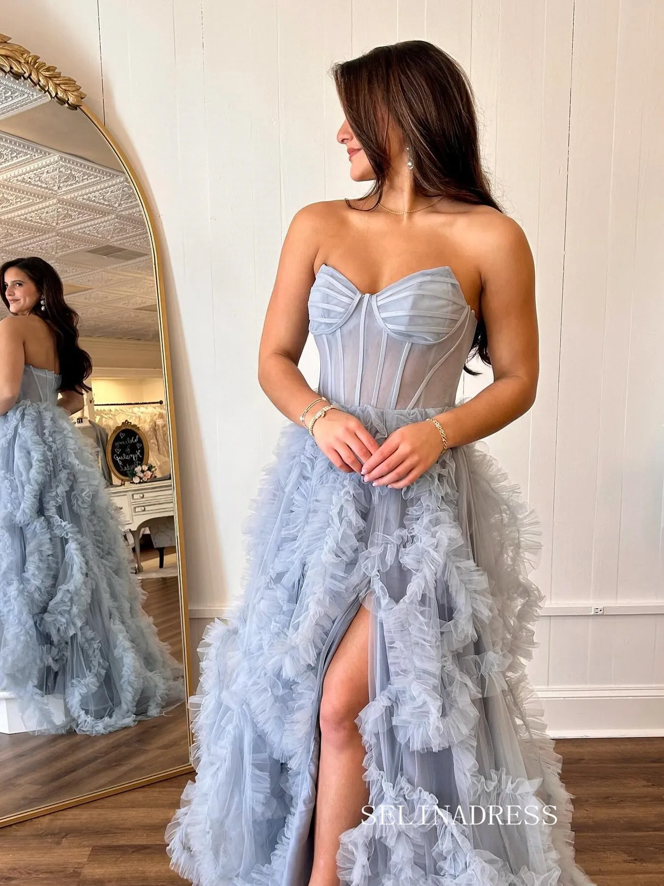 Sweetheart Gray Blue Tiered Tulle Ball Gown Long Princess Dress With Slit SEW1154