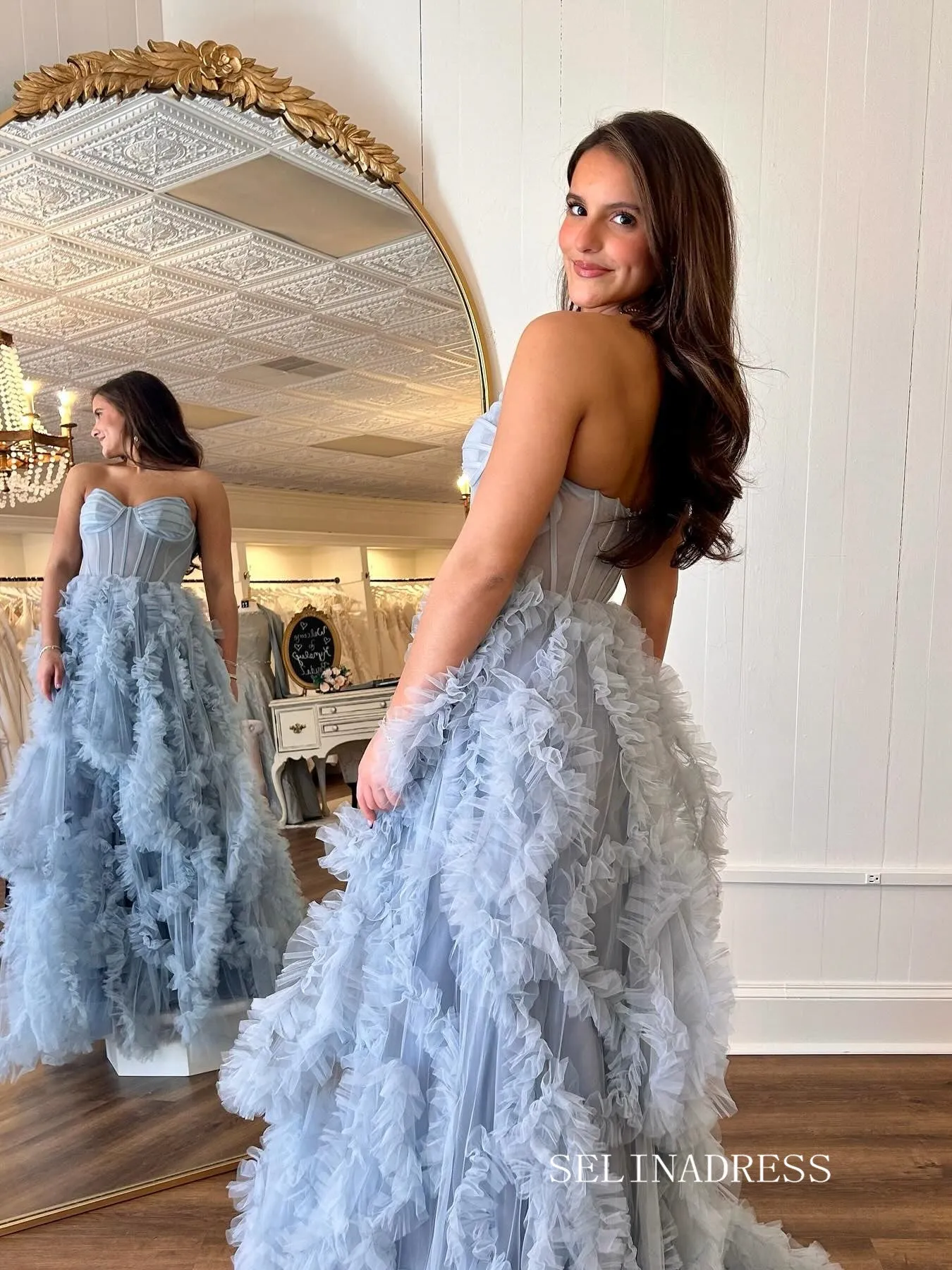 Sweetheart Gray Blue Tiered Tulle Ball Gown Long Princess Dress With Slit SEW1154