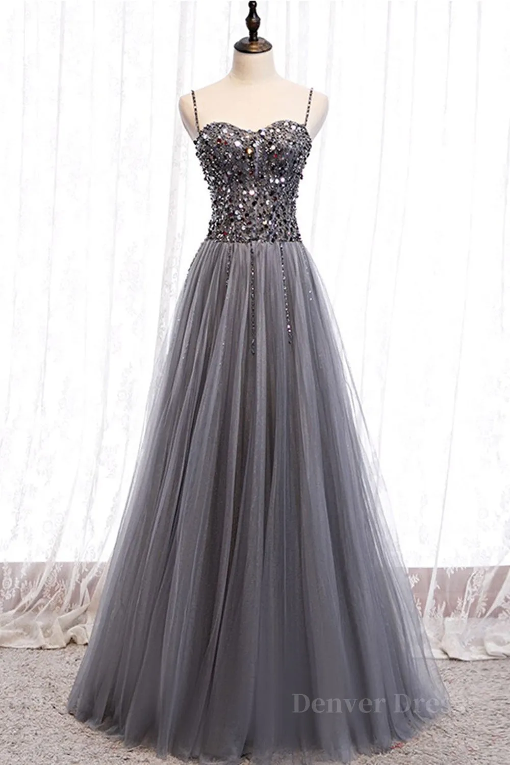 Sweetheart Neck Grey Sequins Tulle Long Prom Dress Grey Sequins Formal Evening Dress