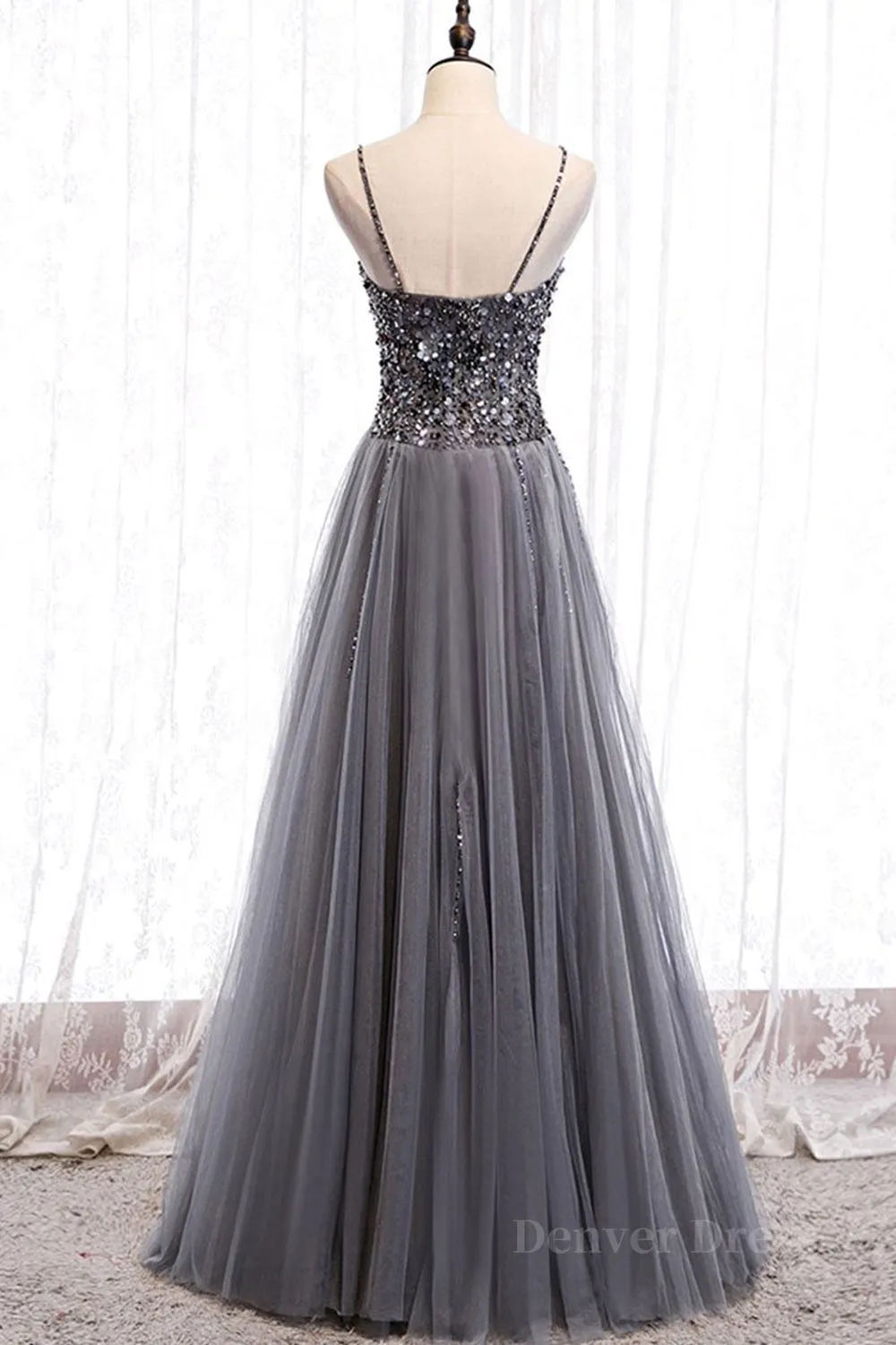 Sweetheart Neck Grey Sequins Tulle Long Prom Dress Grey Sequins Formal Evening Dress