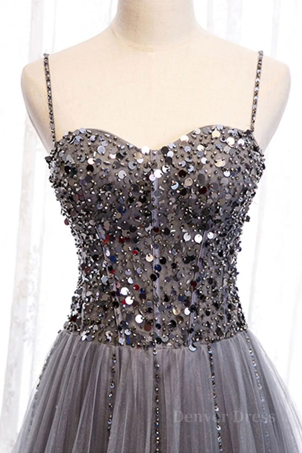 Sweetheart Neck Grey Sequins Tulle Long Prom Dress Grey Sequins Formal Evening Dress