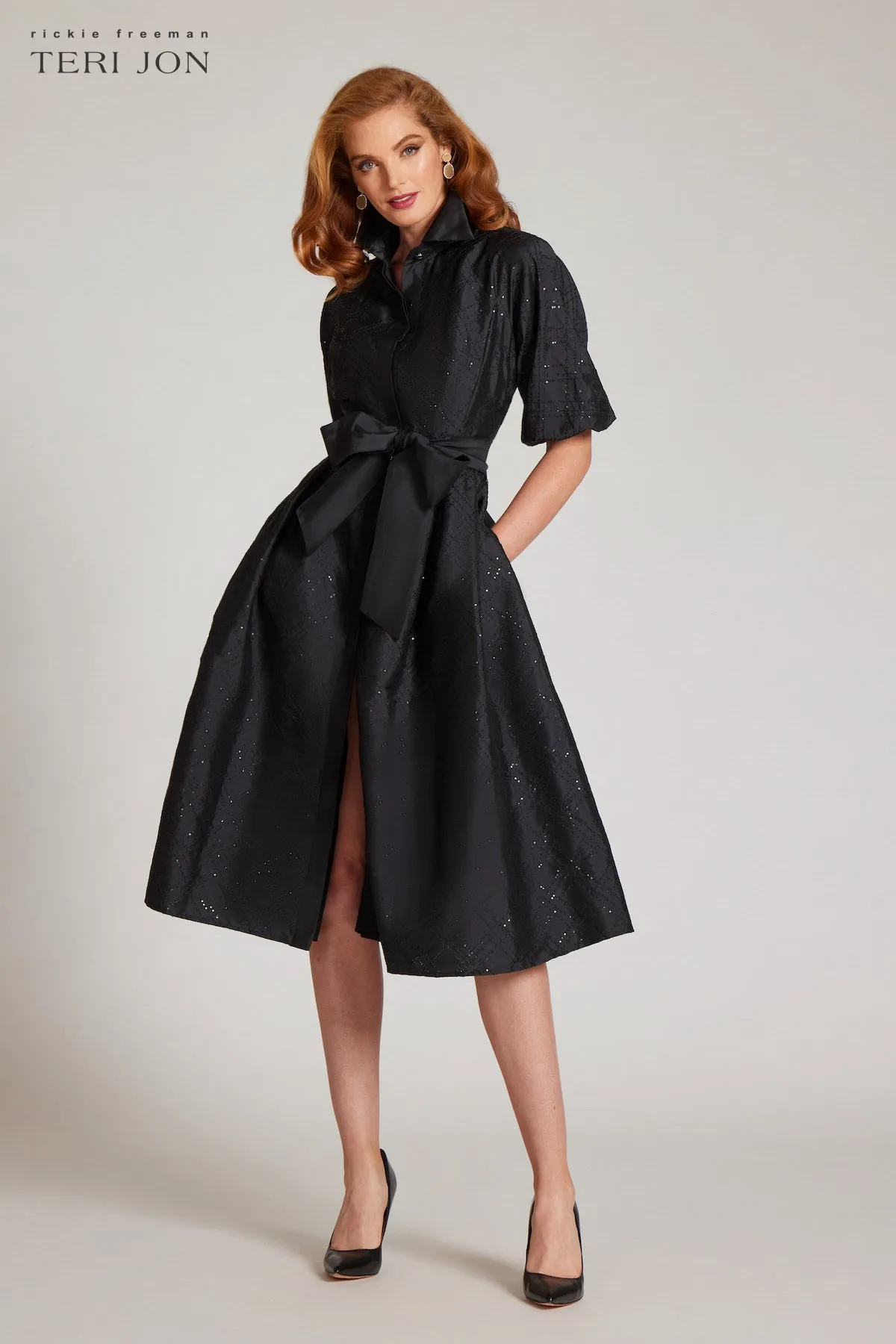 Taffeta Sequin Embellished Puff Sleeve Dress