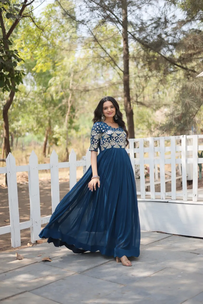 Tea Blue Luxury Faux Blooming Designer Gown with Zari & Sequins Embroidery