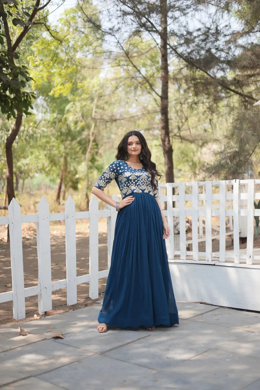 Tea Blue Luxury Faux Blooming Designer Gown with Zari & Sequins Embroidery