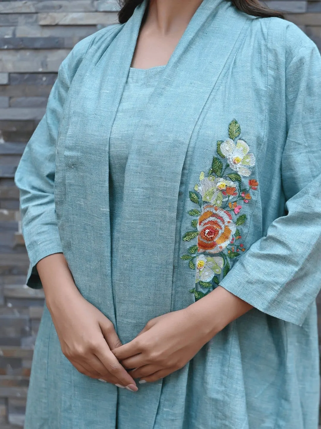 Turquoise khadi  Embroidered Jumpsuit With Shrug