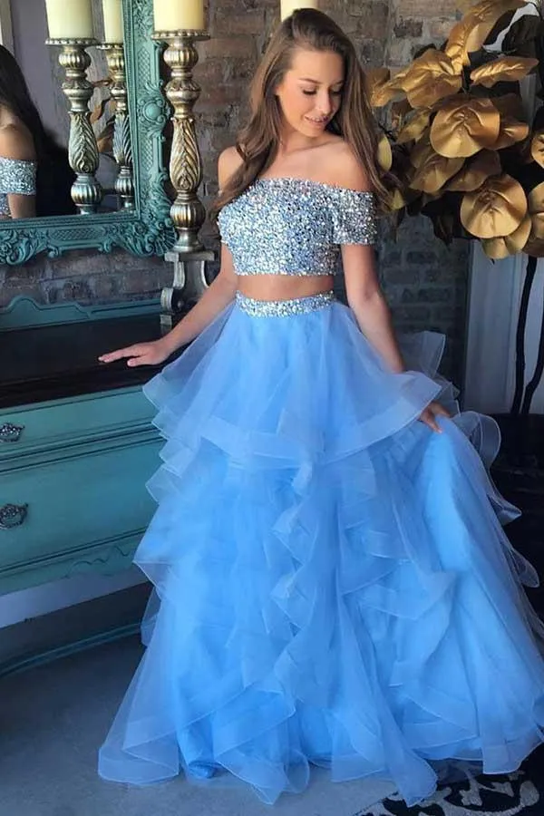 Two Piece Off-the-Shoulder Blue Tiered Organza Prom Dress with Sequins PG520