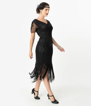 Unique Vintage Black Beaded Short Sleeve Fringe Valentine Cocktail Flapper Dress