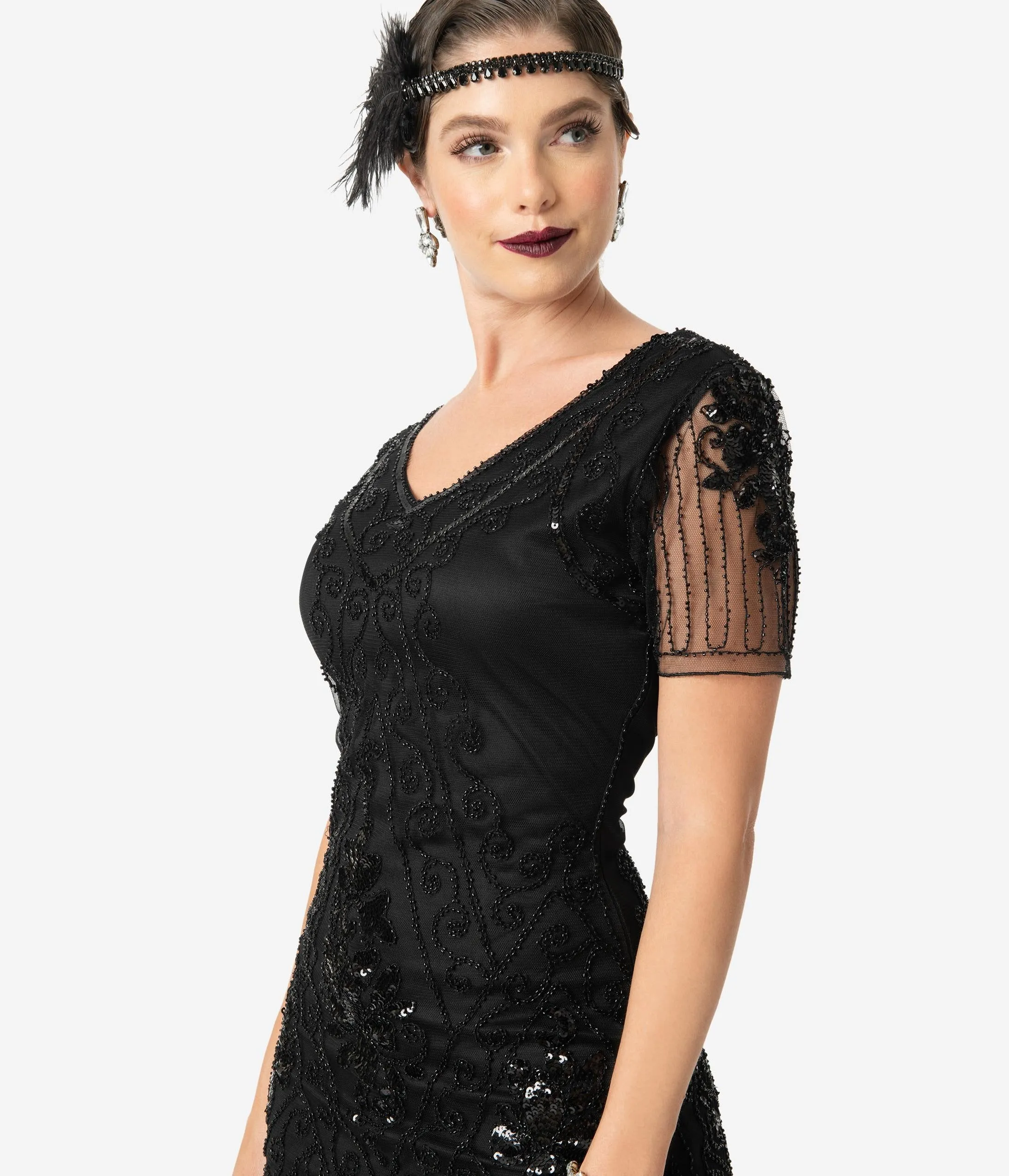 Unique Vintage Black Beaded Short Sleeve Fringe Valentine Cocktail Flapper Dress