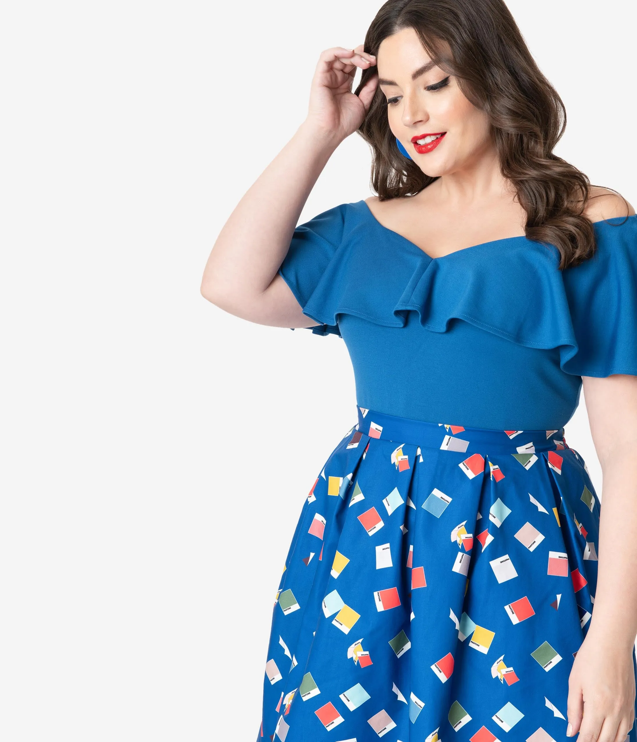 Unique Vintage   Pantone Plus Size Classic Blue Off Shoulder Ruffle Frenchie Top