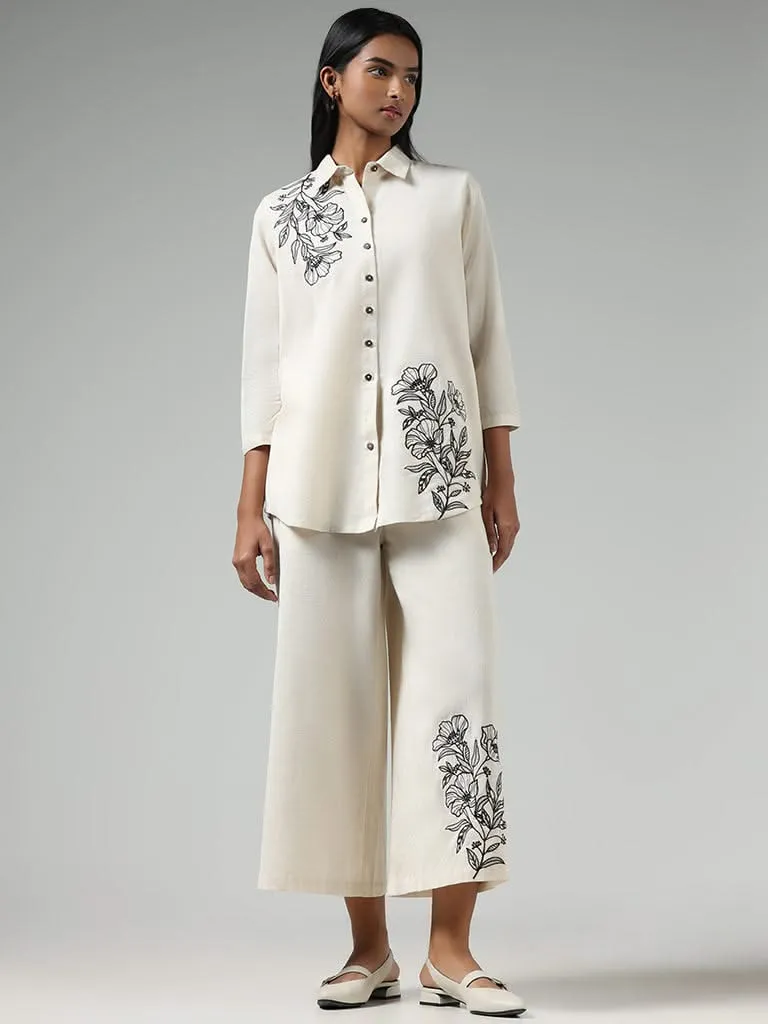 Utsa Off White Floral Embroidered Blended Linen Shirt