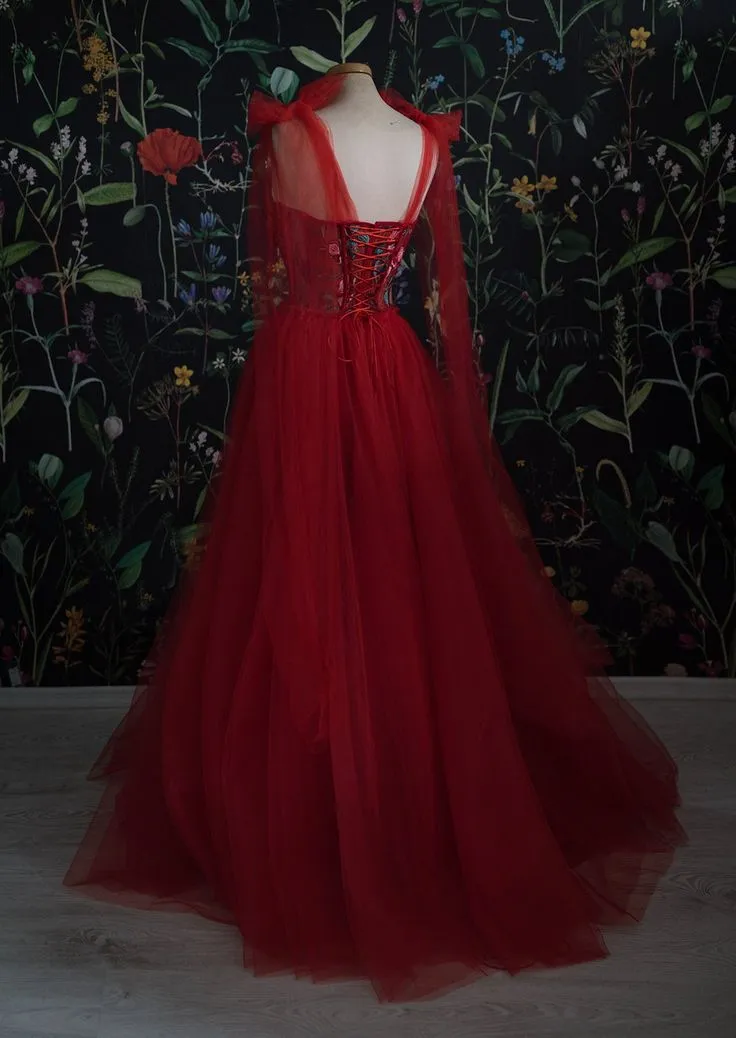 Vintage Red Tulle Prom Dress,Women Evening Gowns with Flowers