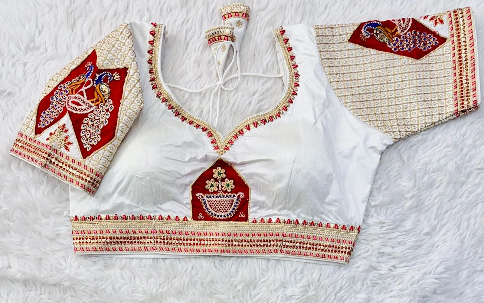 White Handcrafted Sequined Blouse in Dilkush Silk