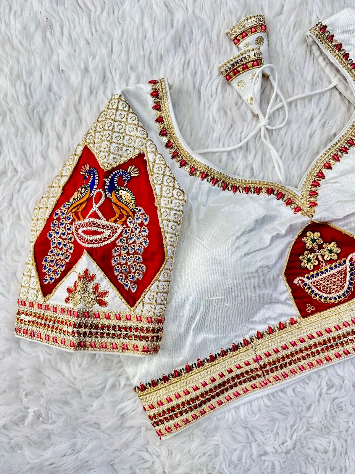 White Handcrafted Sequined Blouse in Dilkush Silk