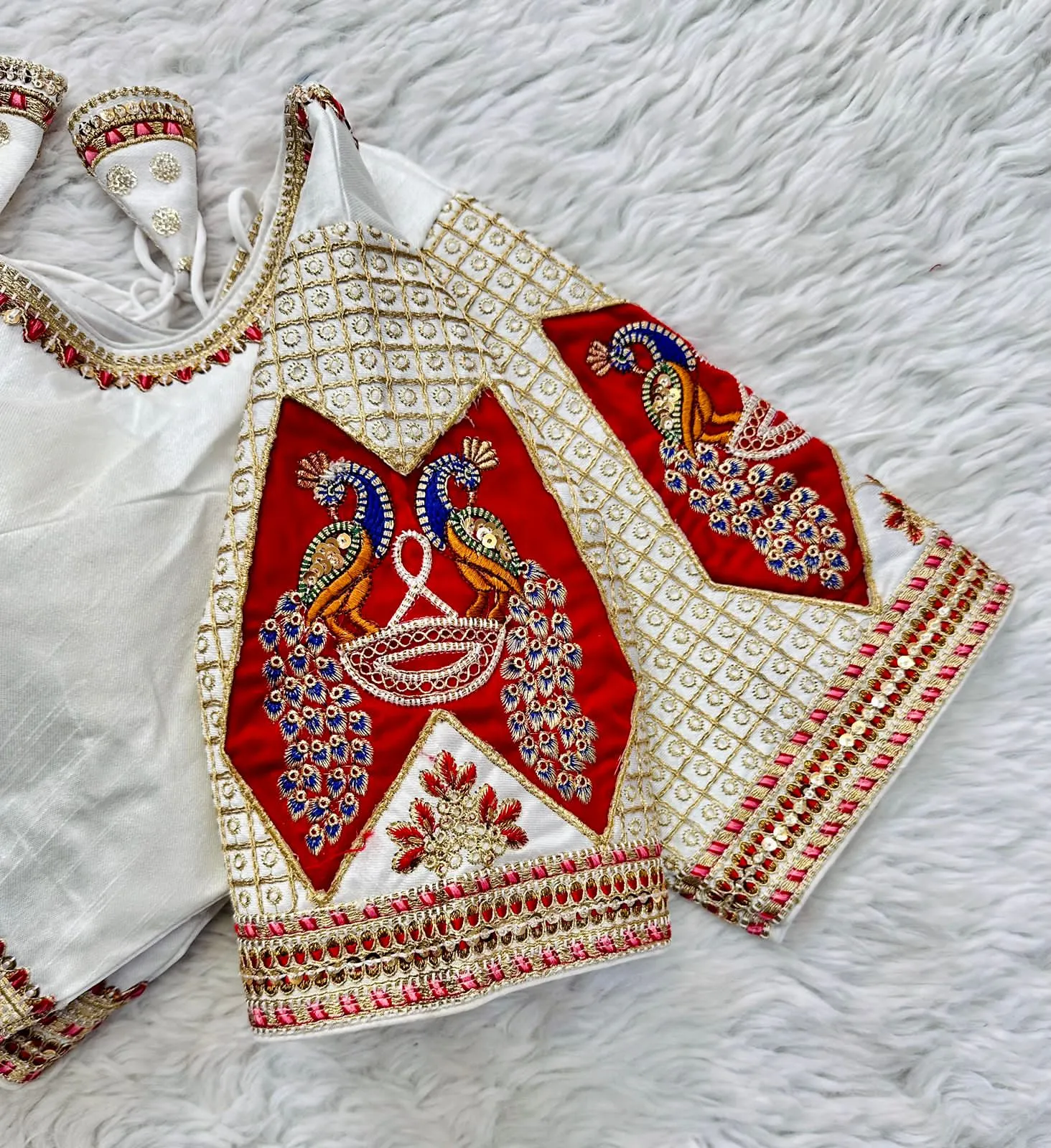 White Handcrafted Sequined Blouse in Dilkush Silk