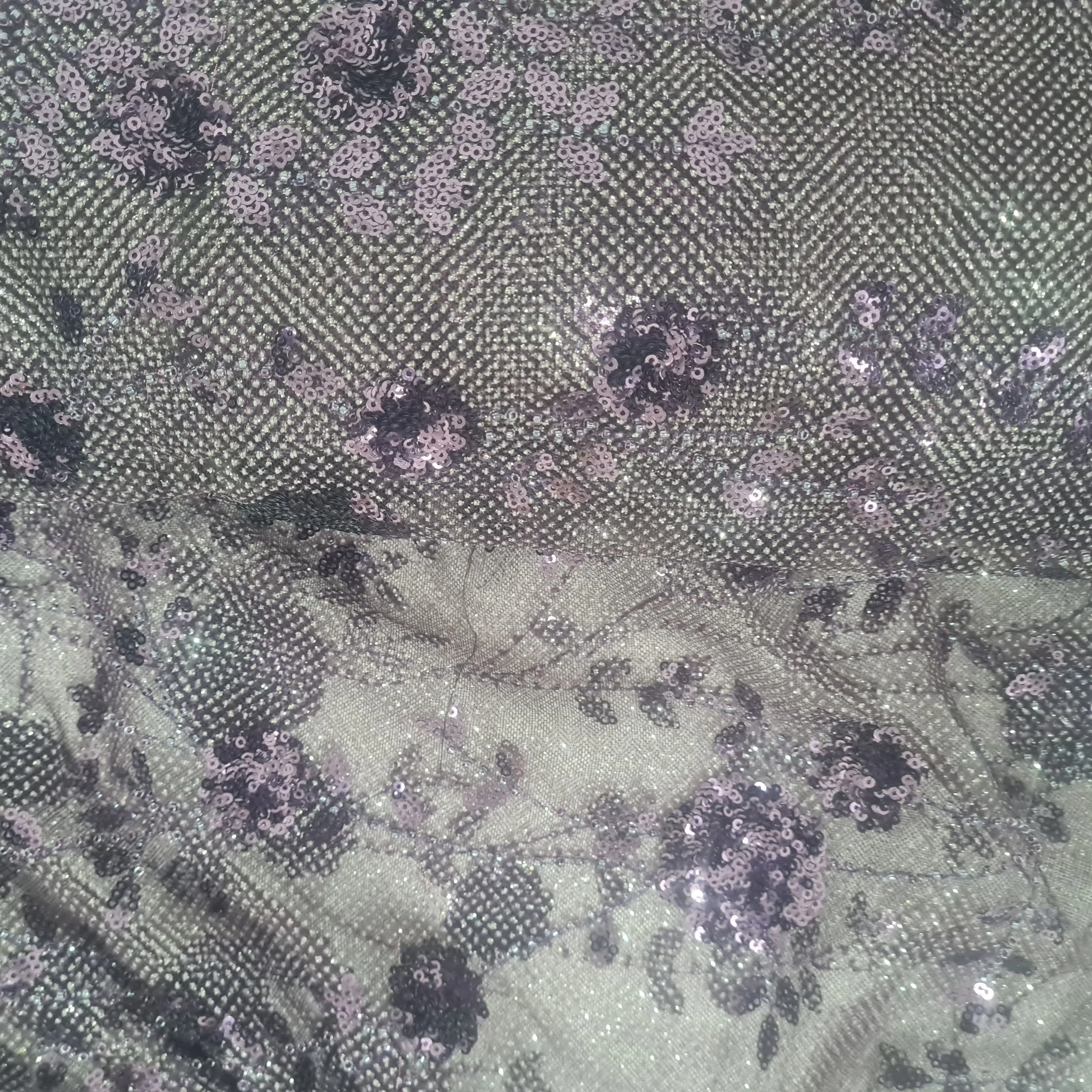 Wine & Silver FLoral Shimmer Imported Sequence Embroidery Net Fabric