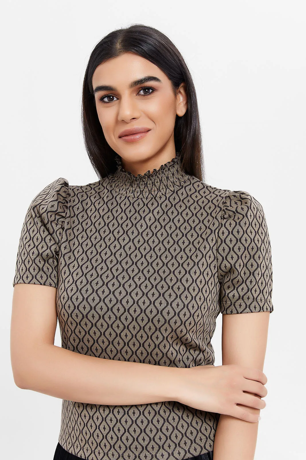 Women Black And Beige Embellished Top