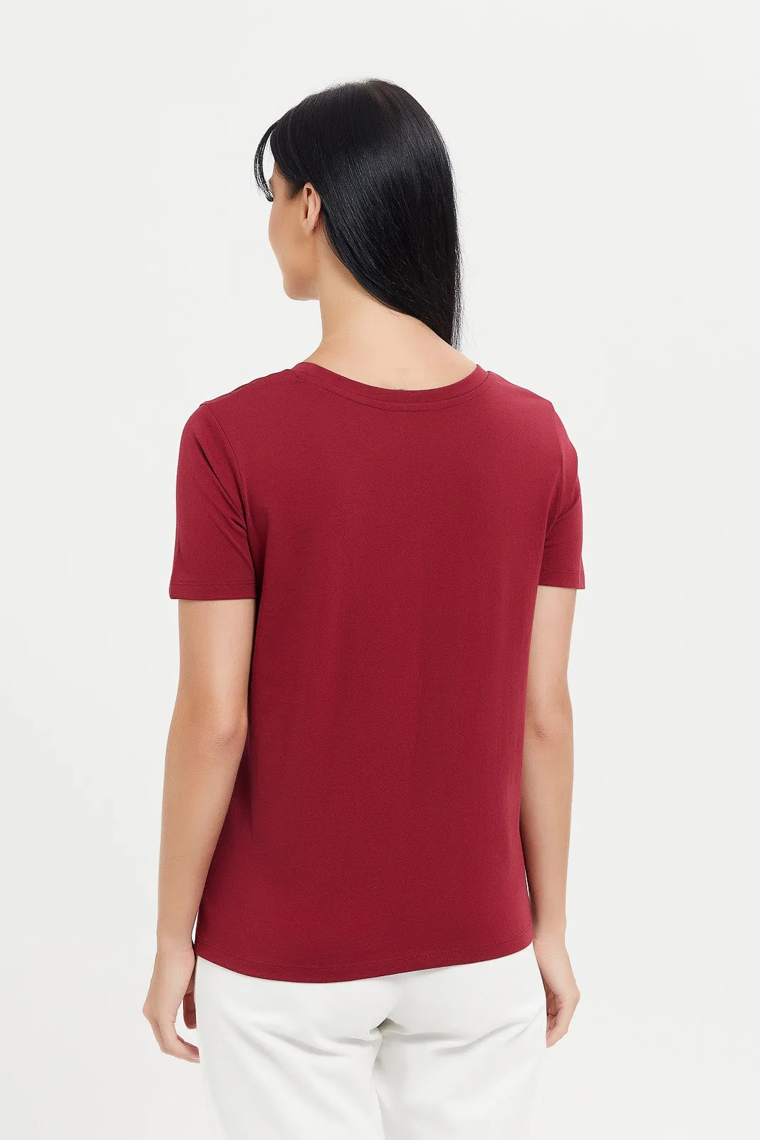 Women Burgundy Embellished T-Shirt