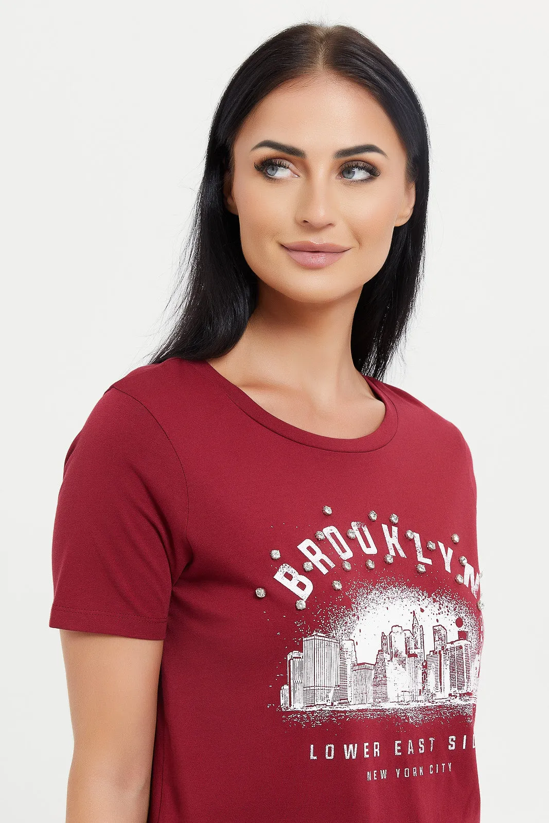 Women Burgundy Embellished T-Shirt