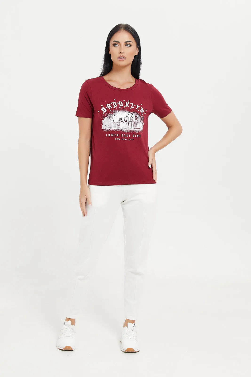 Women Burgundy Embellished T-Shirt