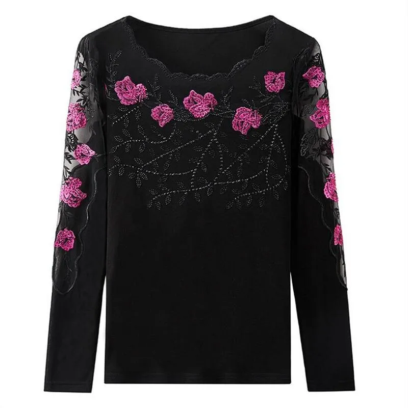 Women Mesh Rhinestones Embroidered Long sleeve Top