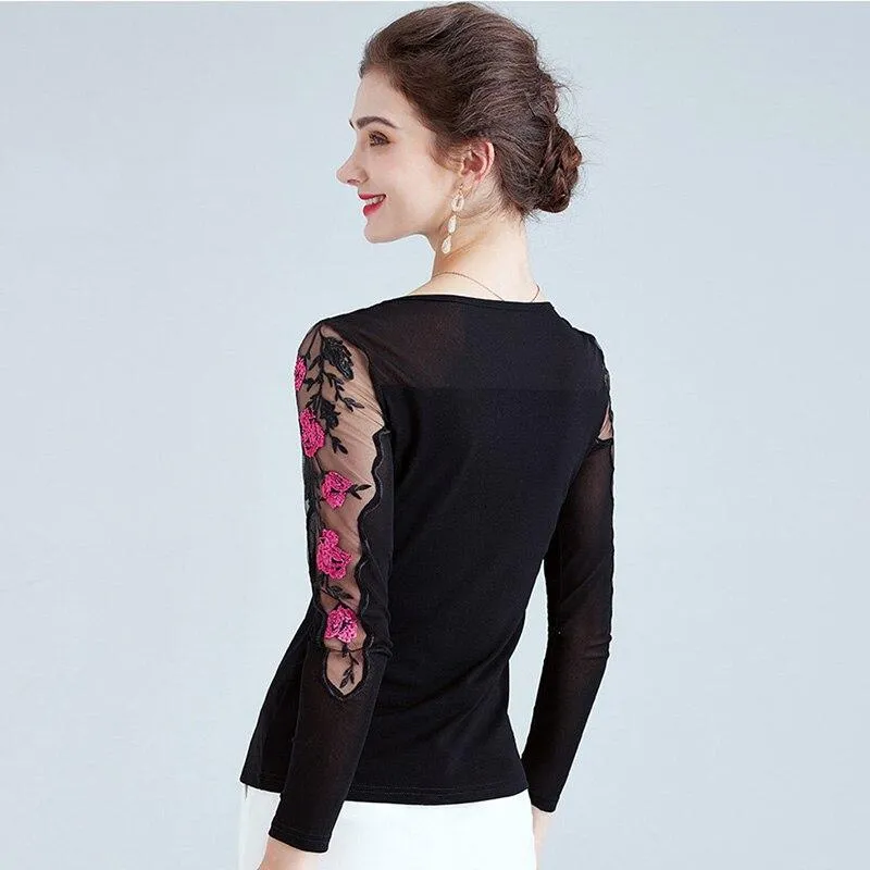 Women Mesh Rhinestones Embroidered Long sleeve Top