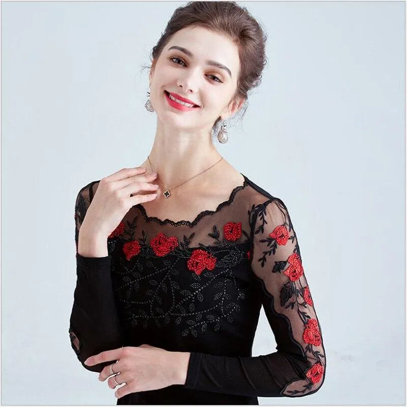 Women Mesh Rhinestones Embroidered Long sleeve Top