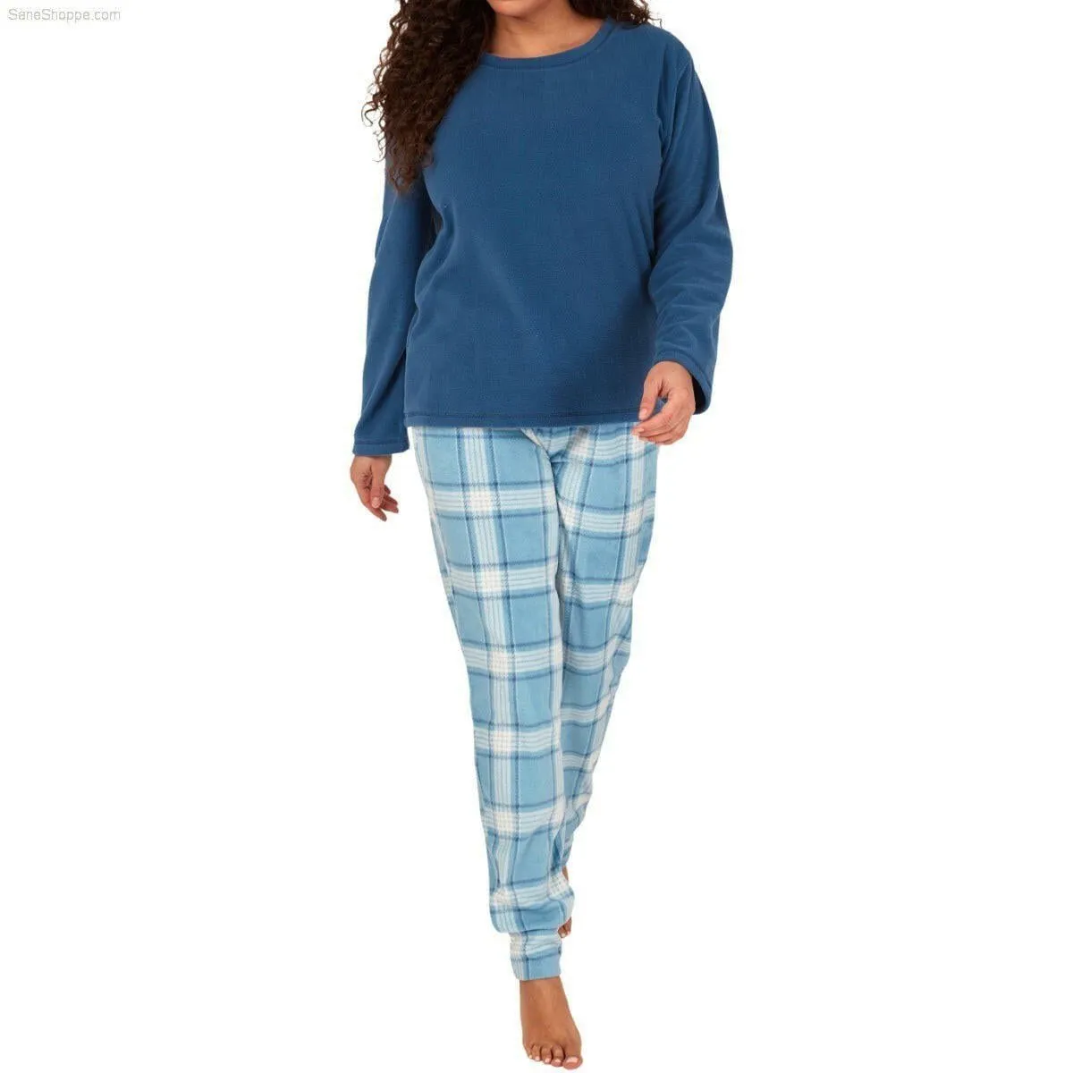 Women's Soft Thermal Fleece Pyjama Set, Long Sleeve Nightwear Spice red Ocean blue