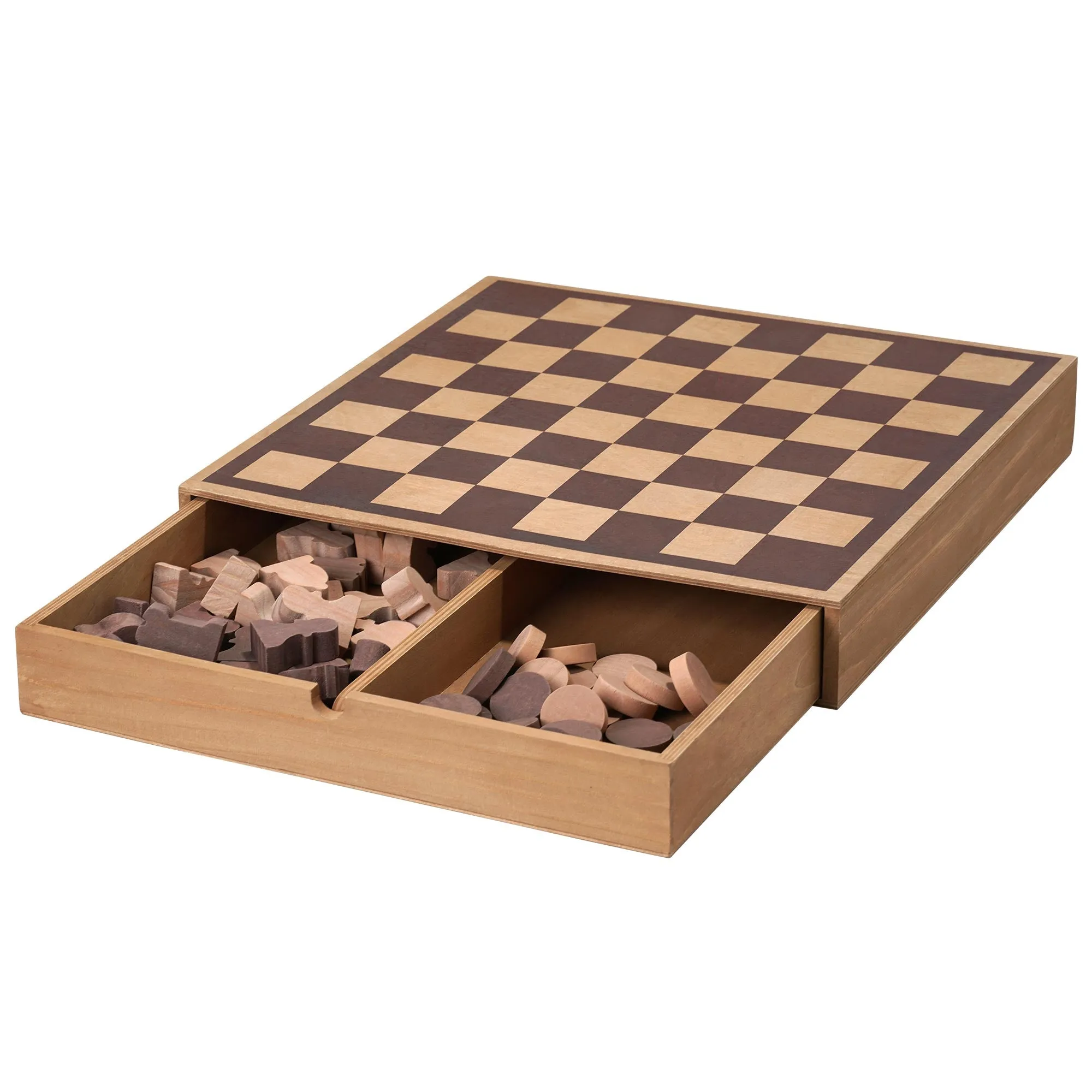 Wood Chess & Checkers Board Game Set with Drawer Tabletop Decor