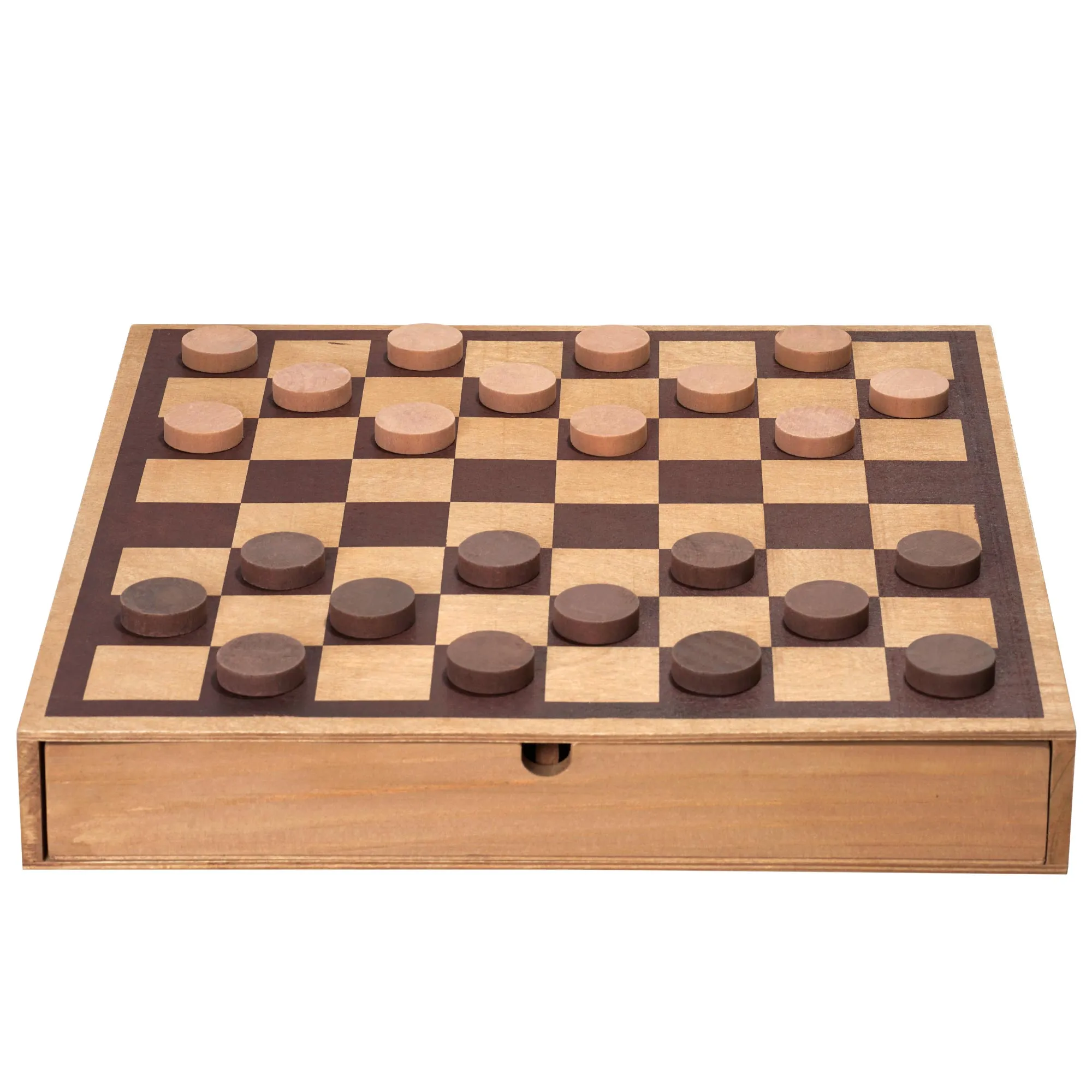 Wood Chess & Checkers Board Game Set with Drawer Tabletop Decor