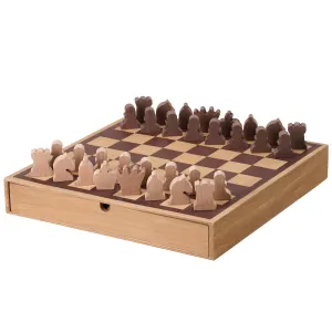 Wood Chess & Checkers Board Game Set with Drawer Tabletop Decor