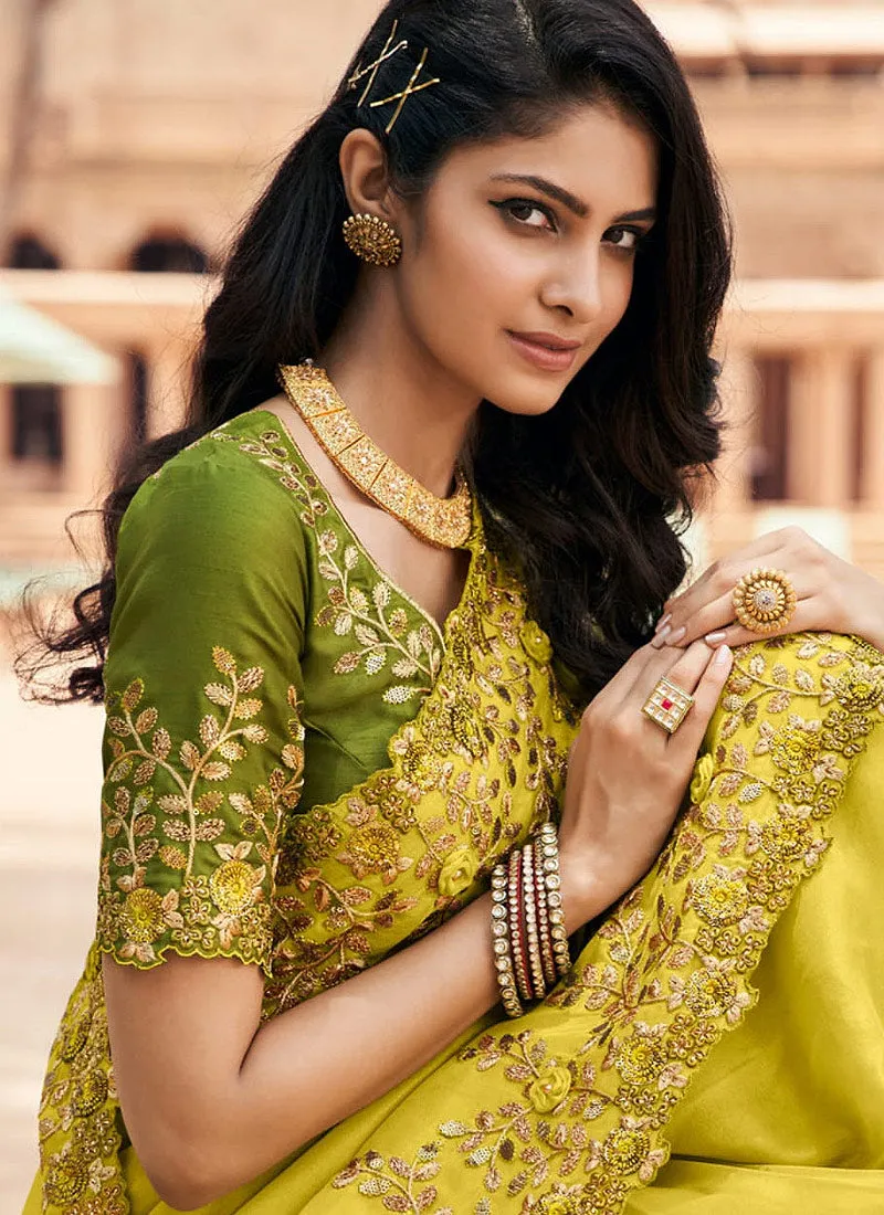 Yellow And Green Embroidered Indian Silk Saree